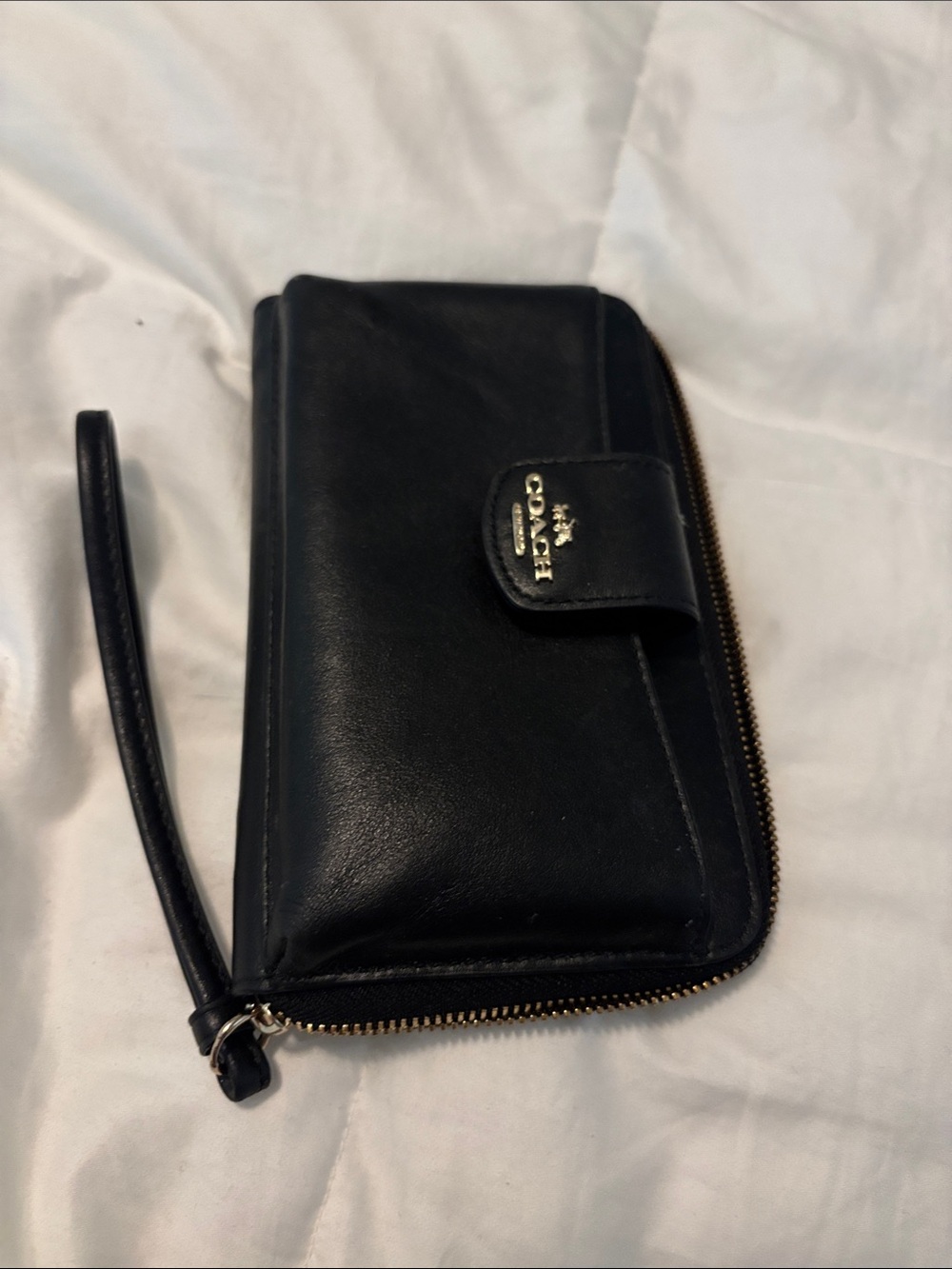 Coach Black Leather Wristlet Clutch with Gold Hardware